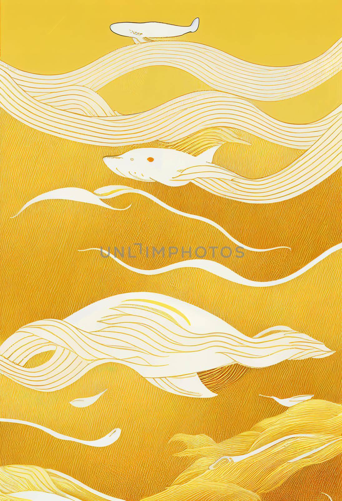 Stylish Japanese style poster with waves and whale of golden lines for textile and social media decoration, minimal art. High quality 3d illustration