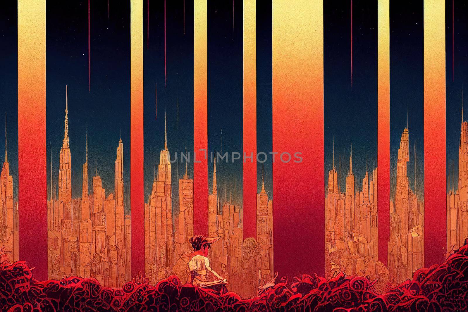 City illustration in 2d with tones of red colors. High quality 3d illustration