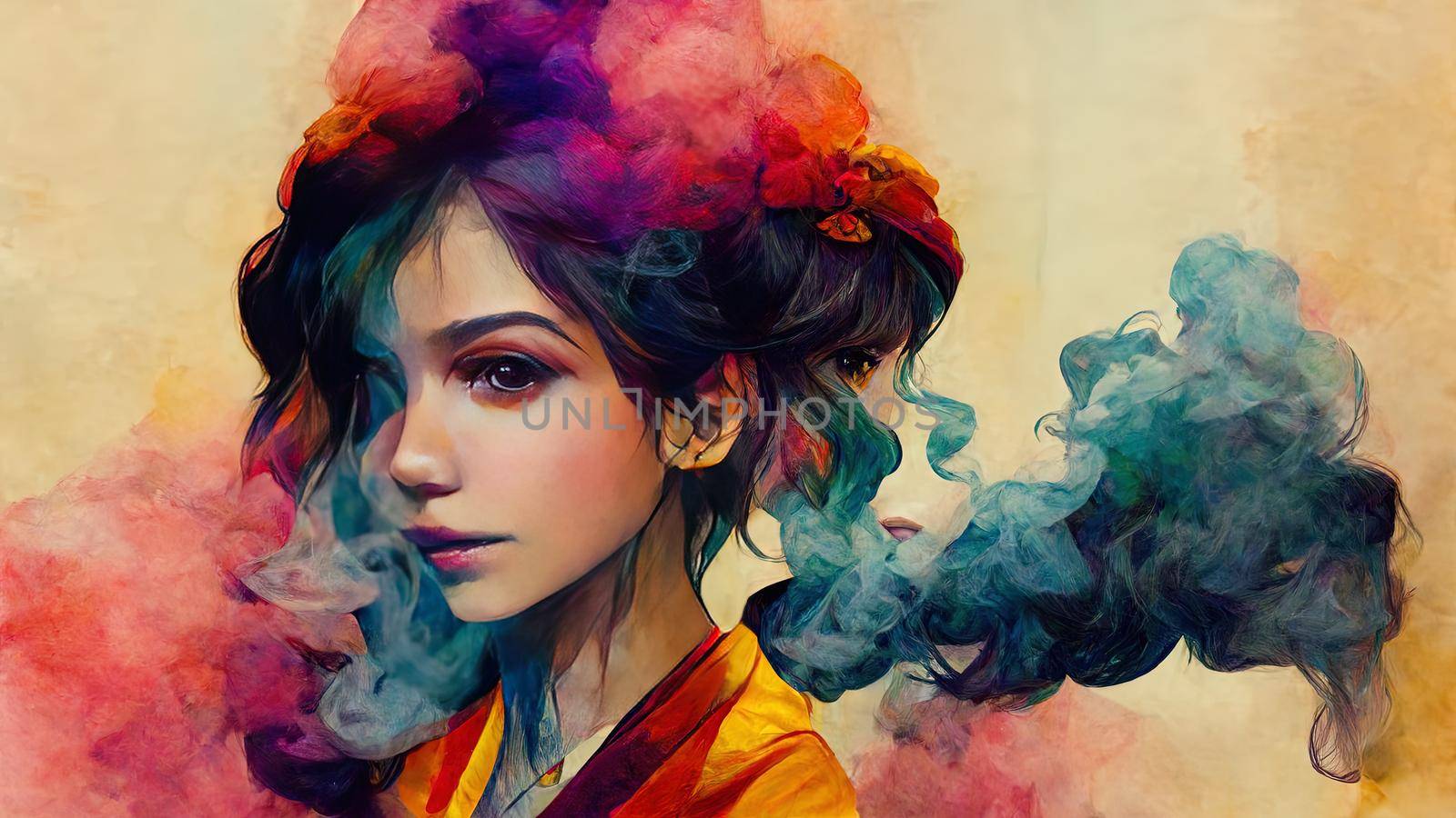 portrait of the beautiful girl in colorful smoke with anime style, illustration painting