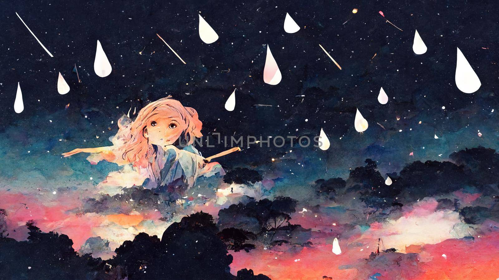 Night Sky with Falling Rain and Umbrella Girl Illustration anime style. High quality illustration