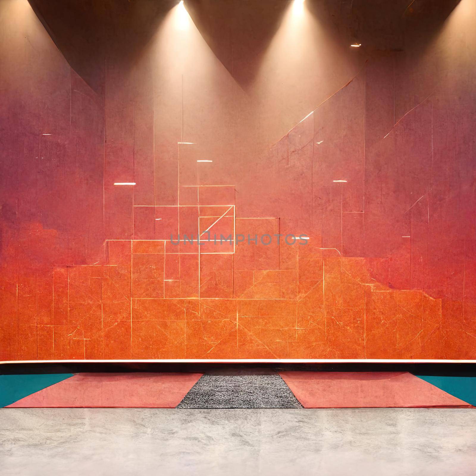 3d rendering studio with geometric shapes, podium on the floor. Platforms for product presentation, mock up background. Abstract composition in minimal design