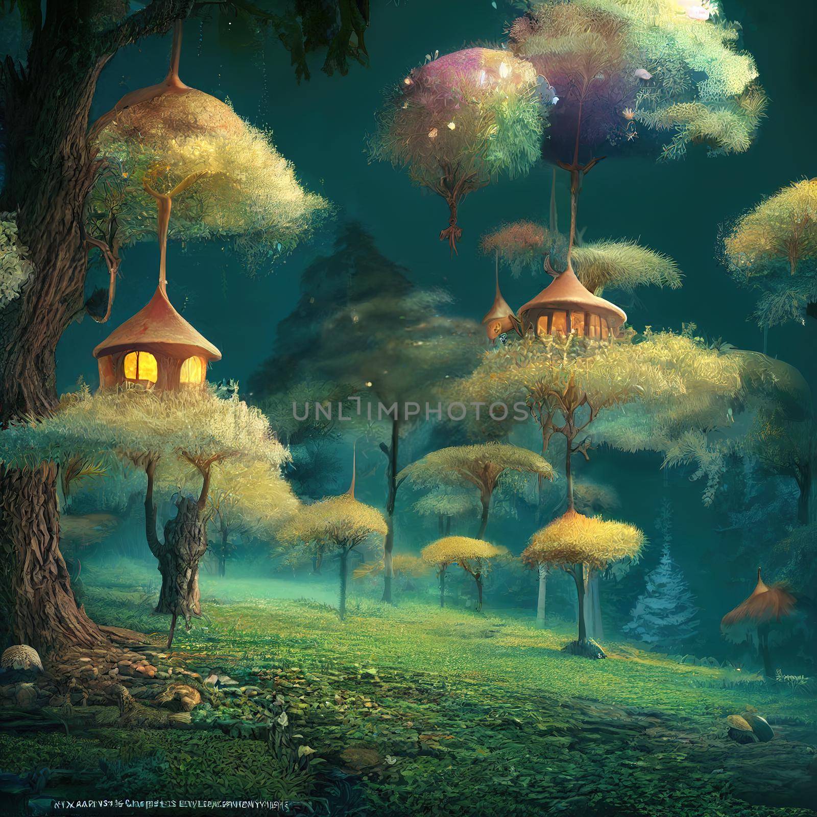 Fairy elf houses in night time. High quality 3d illustration