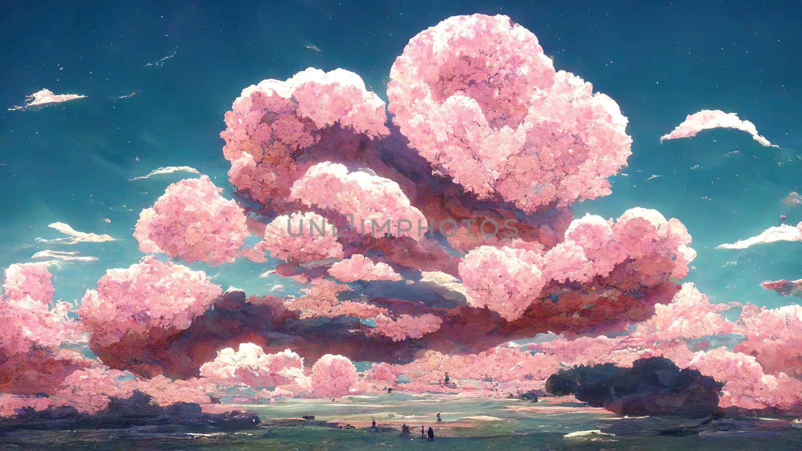 pink beautifull clouds in sky 2d anime style by 2ragon
