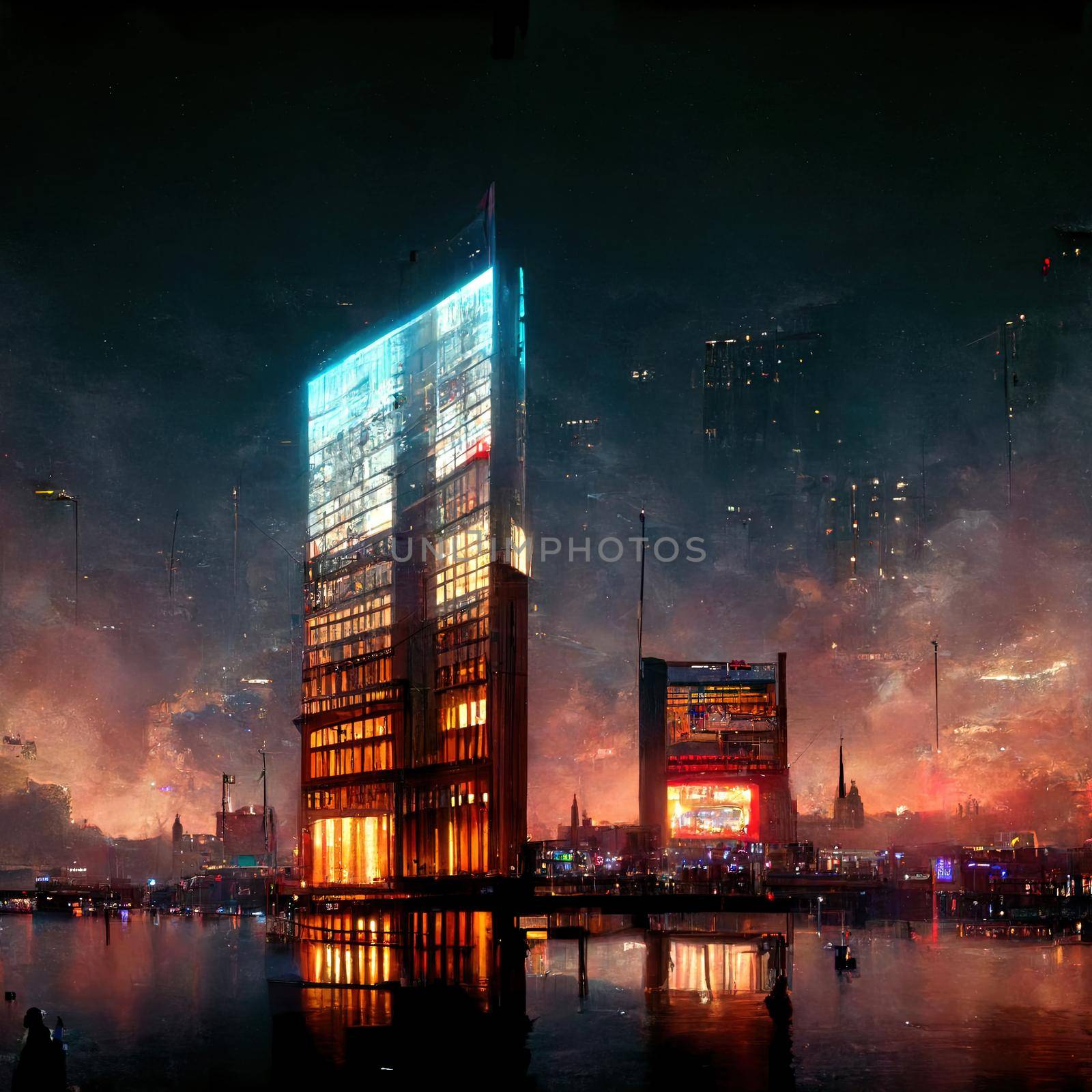 metaverse buildings, reflections, octane render, big city with a lot of lights by 2ragon