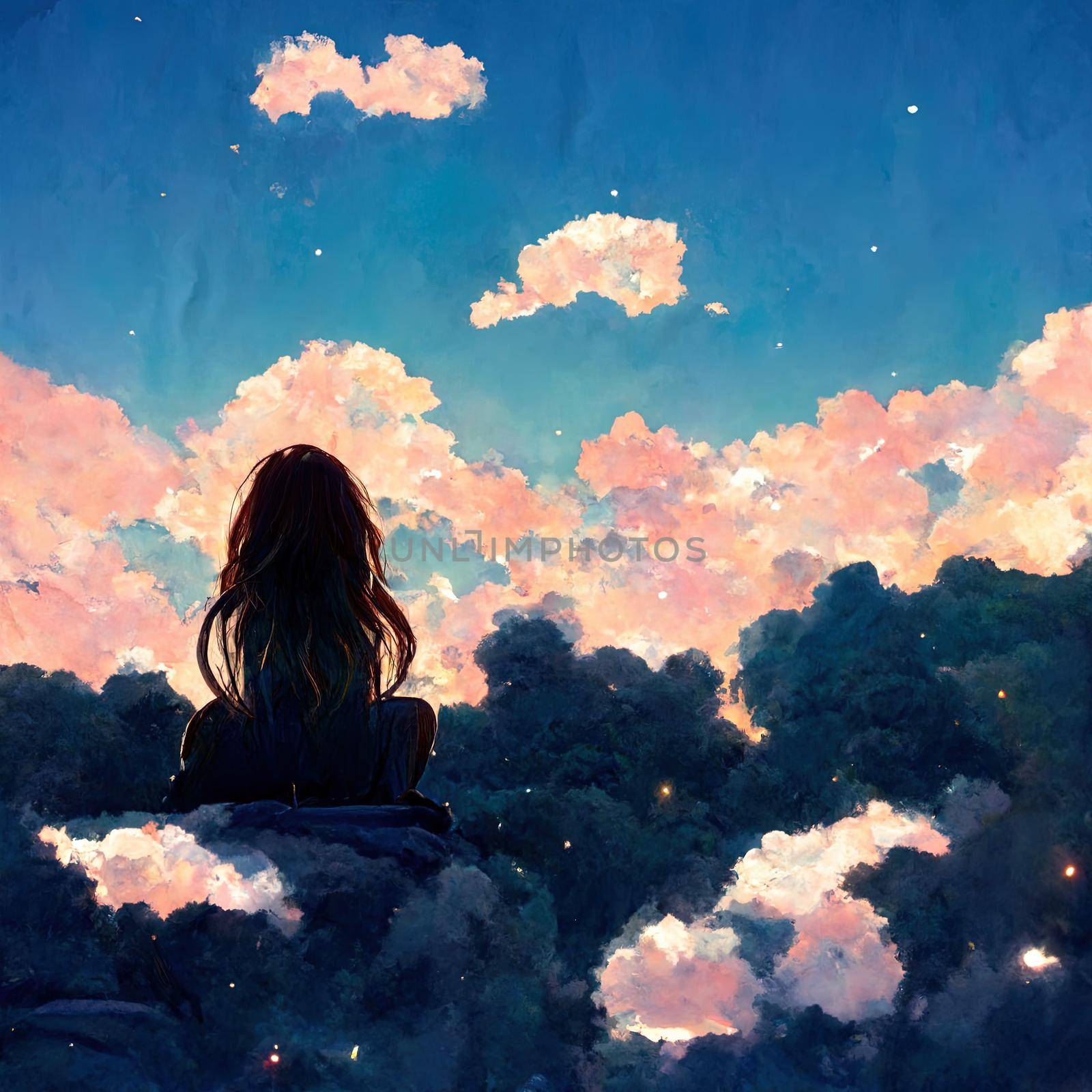 alone anime girl watching sky by 2ragon