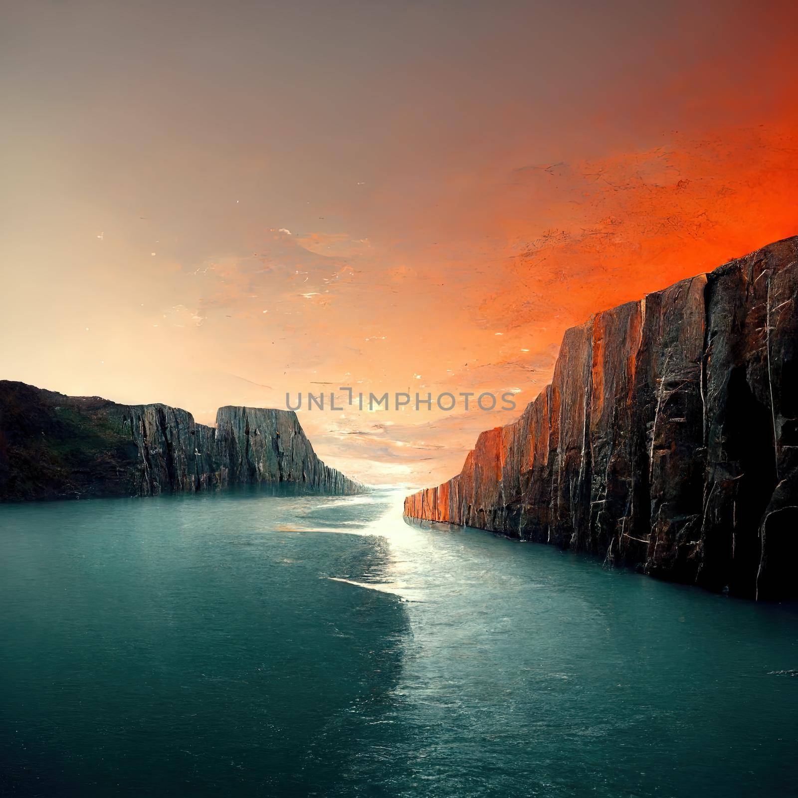 3d render, futuristic landscape with cliffs and water. Modern minimal abstract background. Spiritual zen wallpaper with sunset or sunrise light