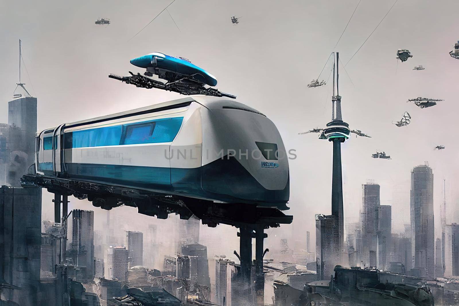 areal shot over elevated maglev train in downtown, architectures, streets of advanced technology in a metropolis, futuristic, advanced hovering flying technology. High quality illustration