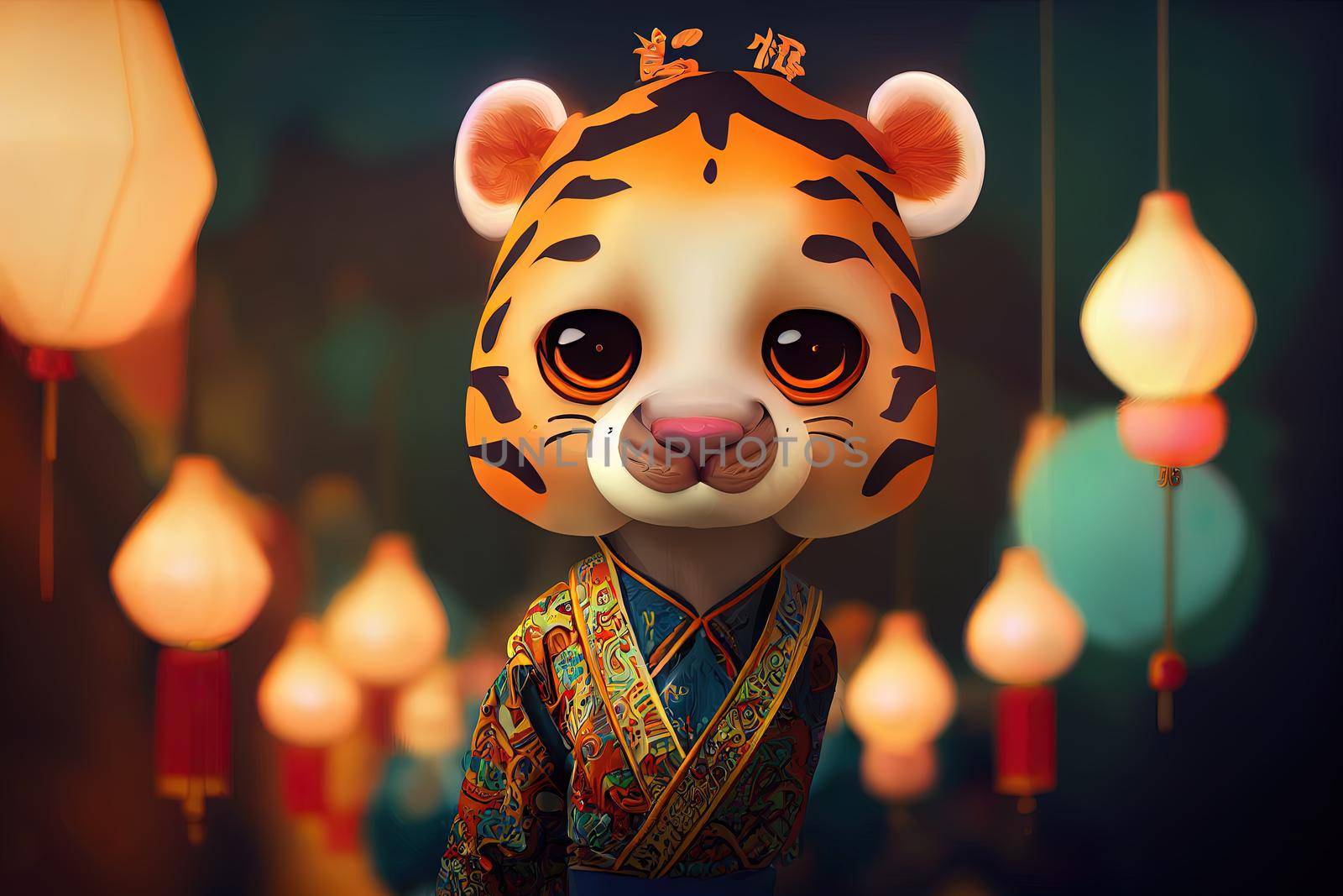 Cute cartoon image design, anthropomorphic tiger, wearing traditional Chinese costumes, cute, 3D doll