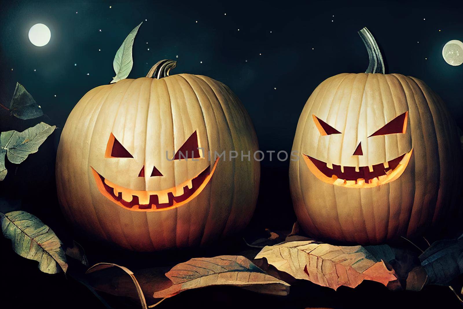 pumpkins smiling in dark night. High quality illustration