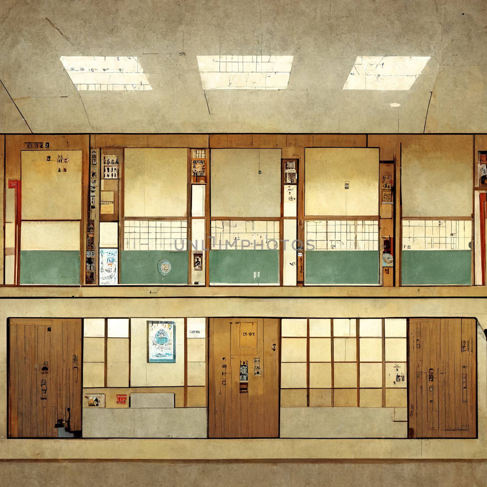 Japanese high school classrooms, 2D anime style look. High quality illustration