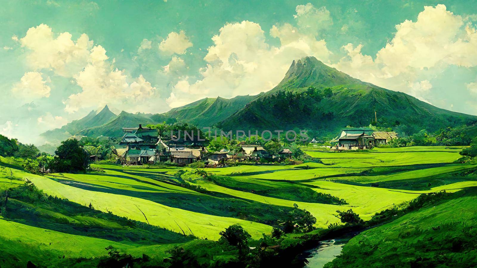 Beautiful Rural Village Mountain, Nature Anime style Landscape, everywhere is green