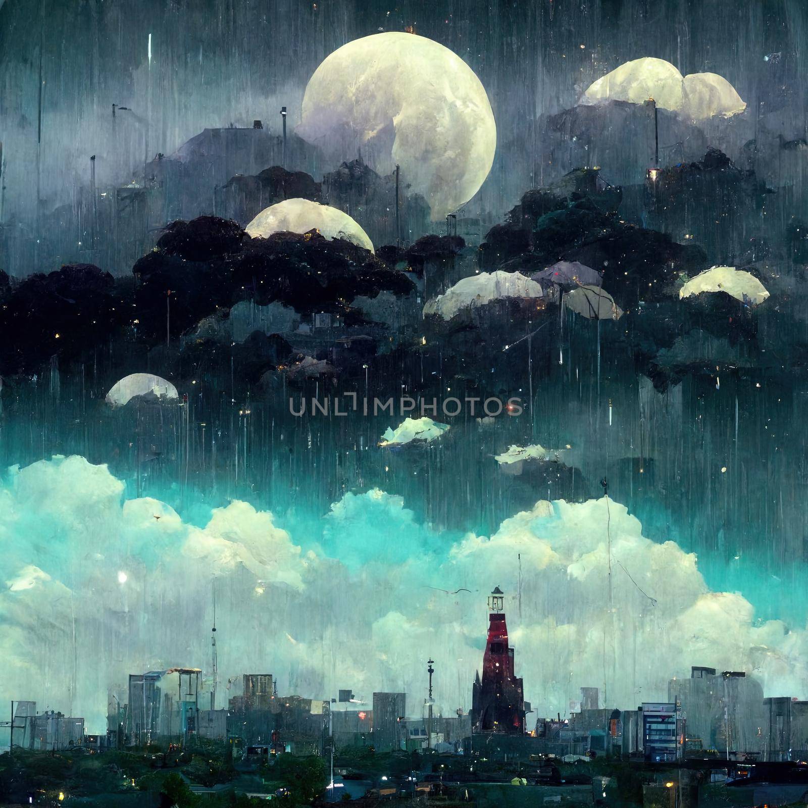 anime style rainy night with dark clouds in top of city, fish eye style. High quality illustration