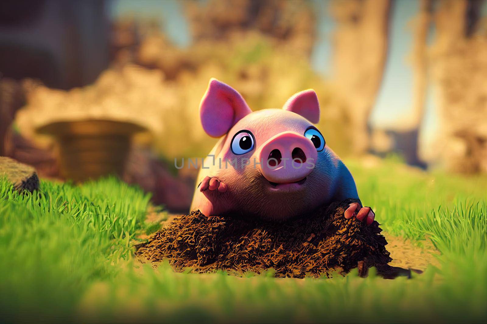 cute and adorable pig playing in dirt. High quality 3d illustration