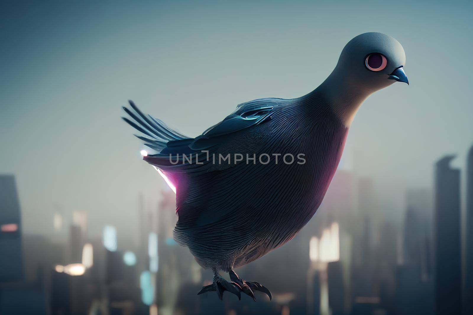 Futuristic pigeon character cartoon stylised. High quality 3d illustration