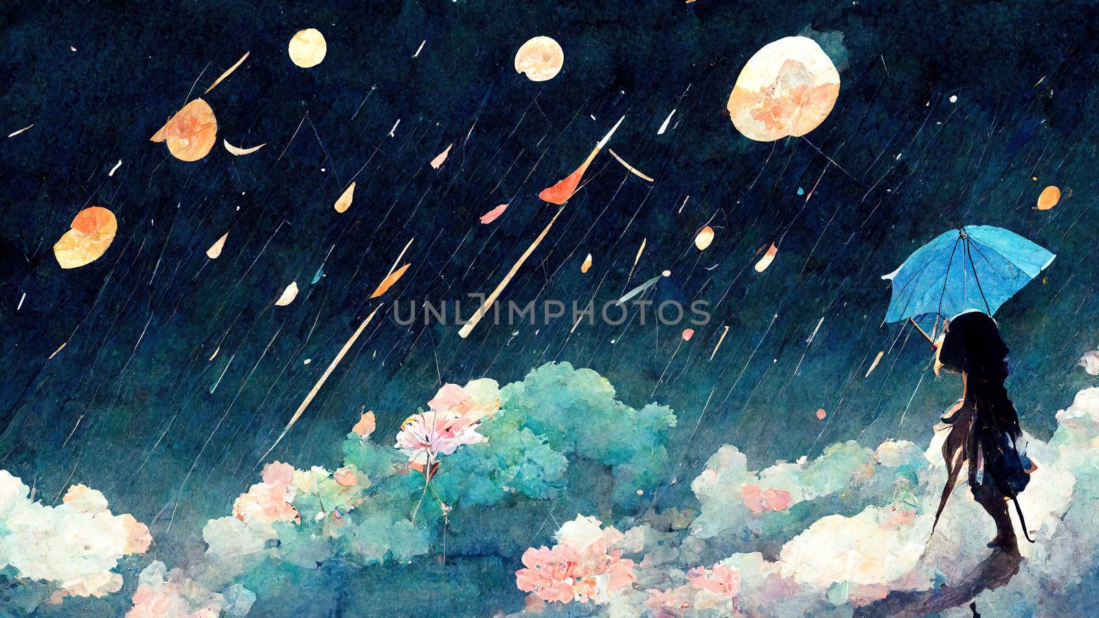 Beautiful Night Sky with Falling Rain and Umbrella Girl Illustration anime style. High quality illustration