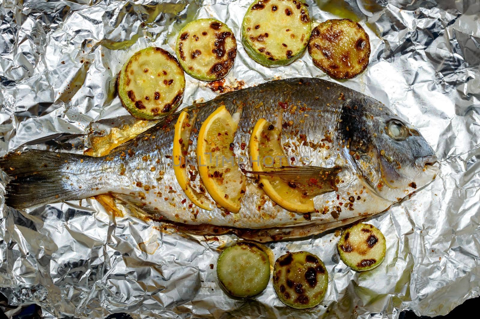 Golden spar fish covered with a spices, just from the oven with the lemons and zucchini on a foil. High quality photo