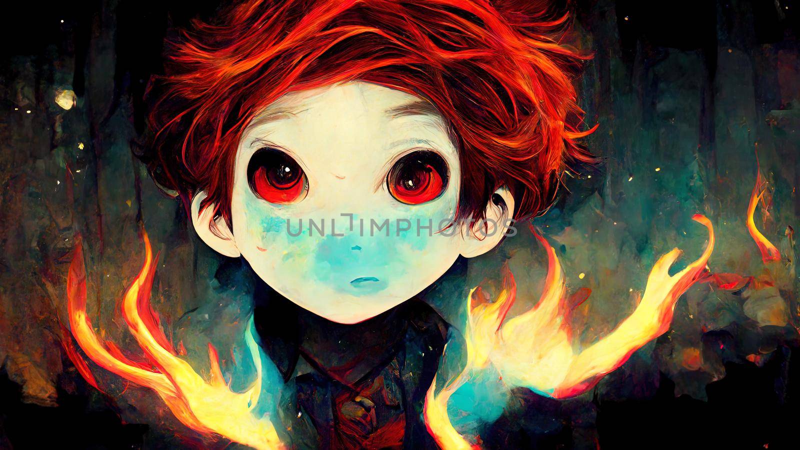 Beautiful anime boy character ,flames in hand. High quality illustration
