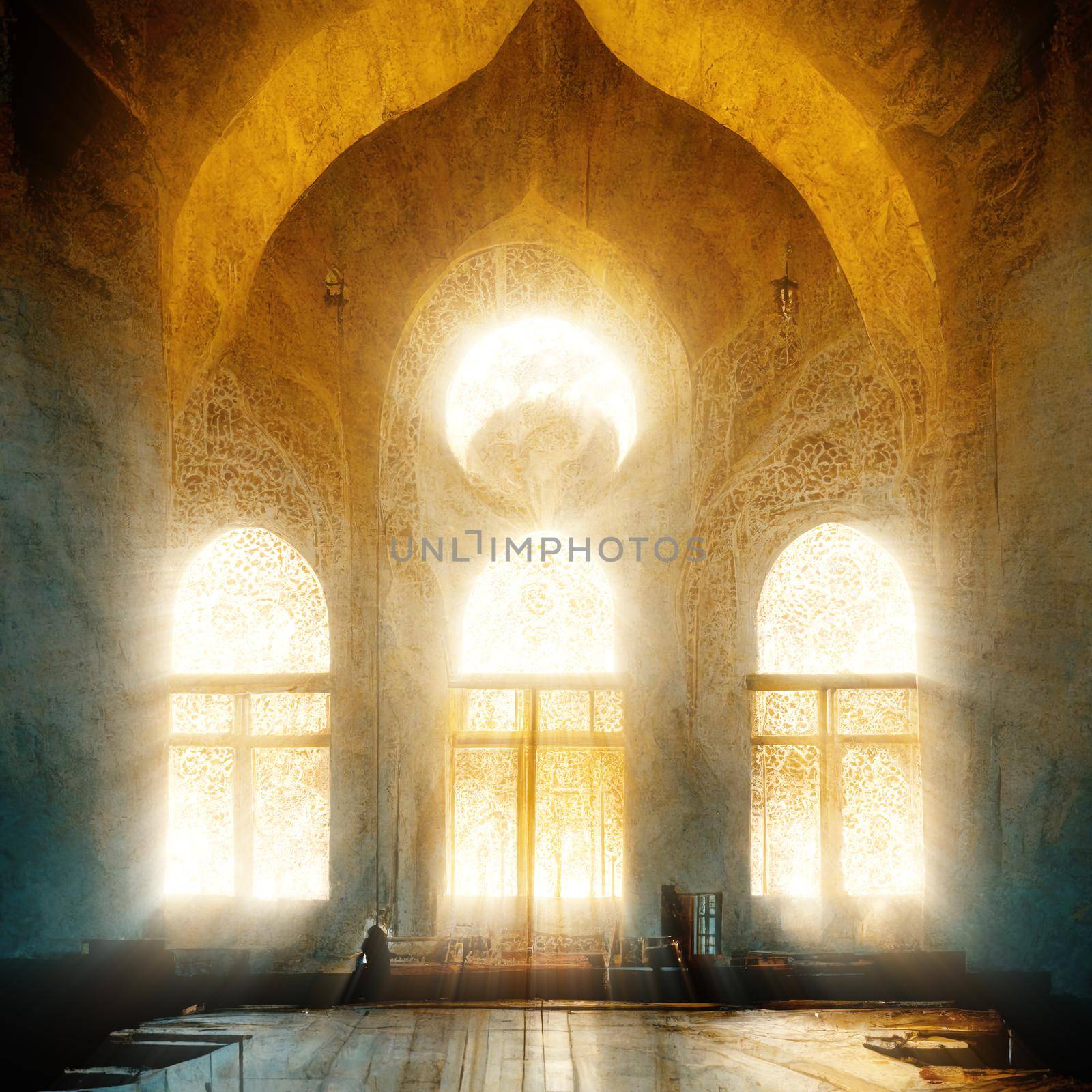 Sun light shine through the window into islamic mosque interior. High quality 3d illustration