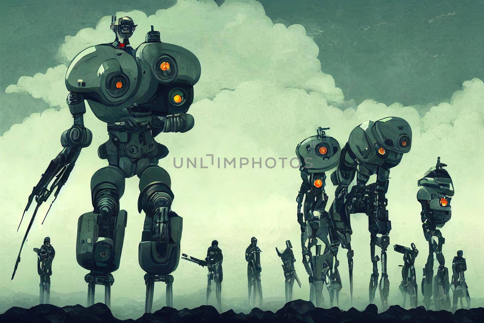 cyborg android male robots army with gun in hands high camera angle. High quality illustration