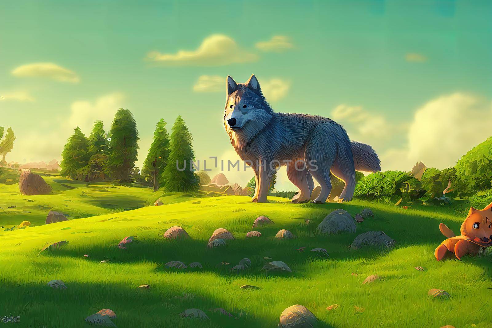 cute and adorable Wolf on a green hill. High quality illustration