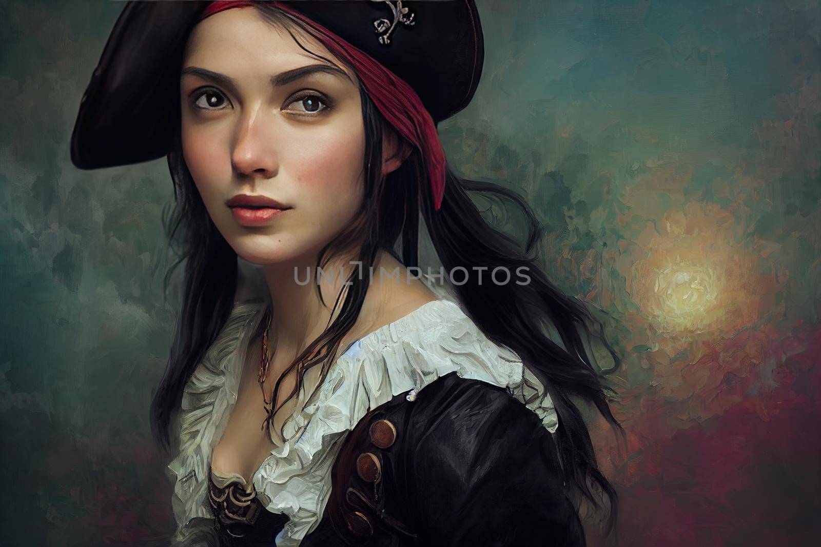 painterly portrait of a beautiful pirate girl. High quality illustration