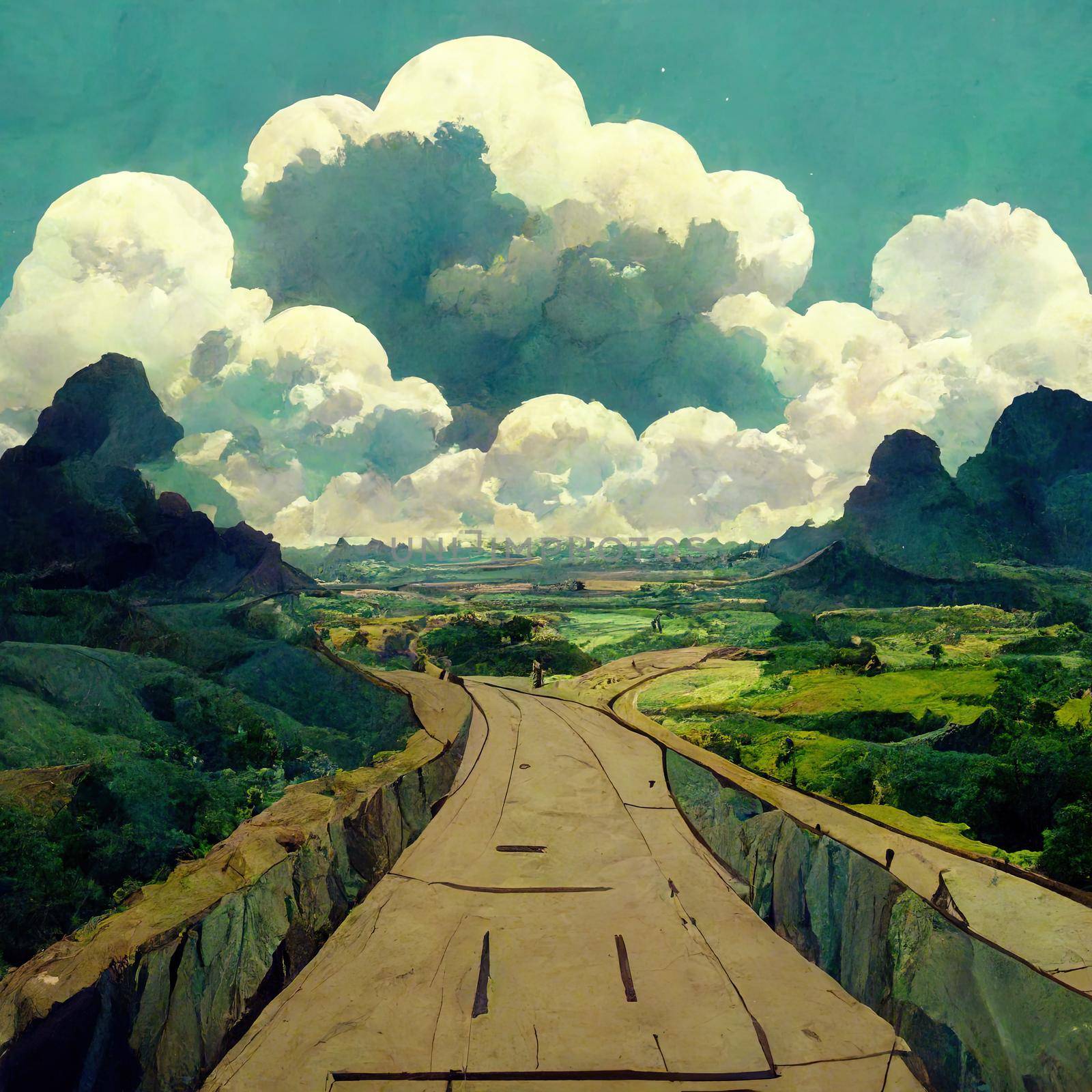 landscape with hills and road, sky and clouds. Anime cartoon style by 2ragon