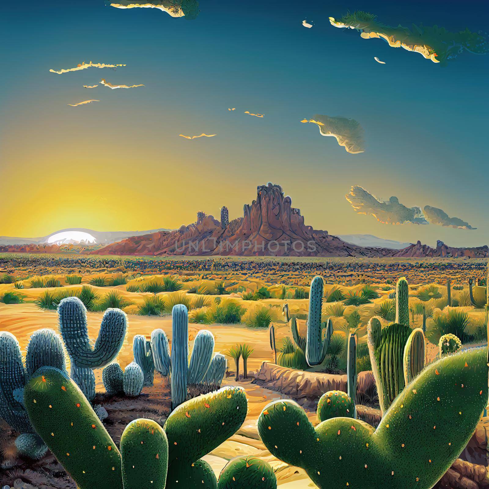 Desert and cactus landscape with sunset, cartoon style by 2ragon