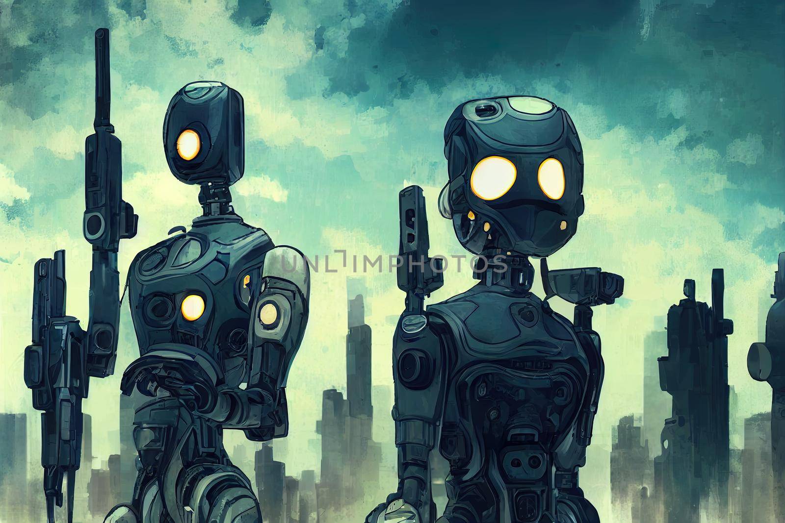 android male robots army with gun in hands. High quality illustration