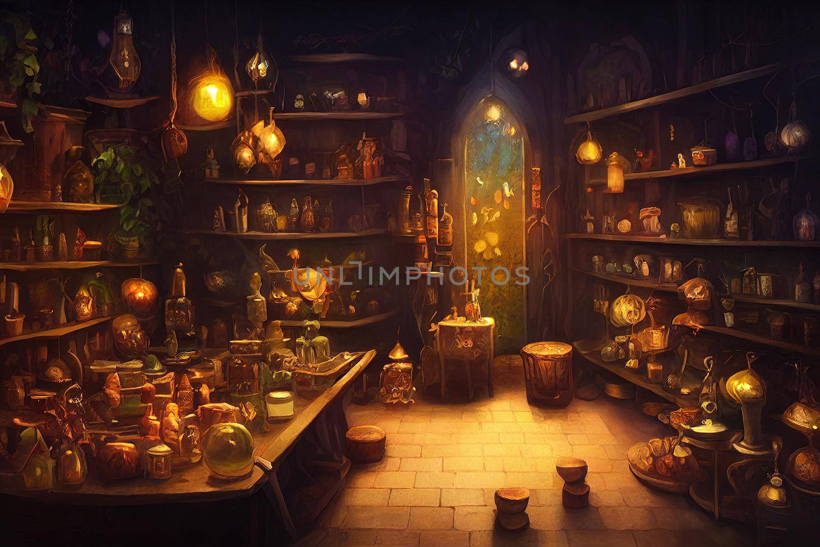 beautiful fairy merchant, potion shop background by 2ragon
