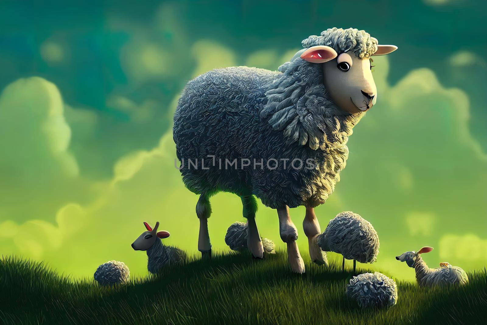 cute and adorable Sheep on a green hill. High quality illustration