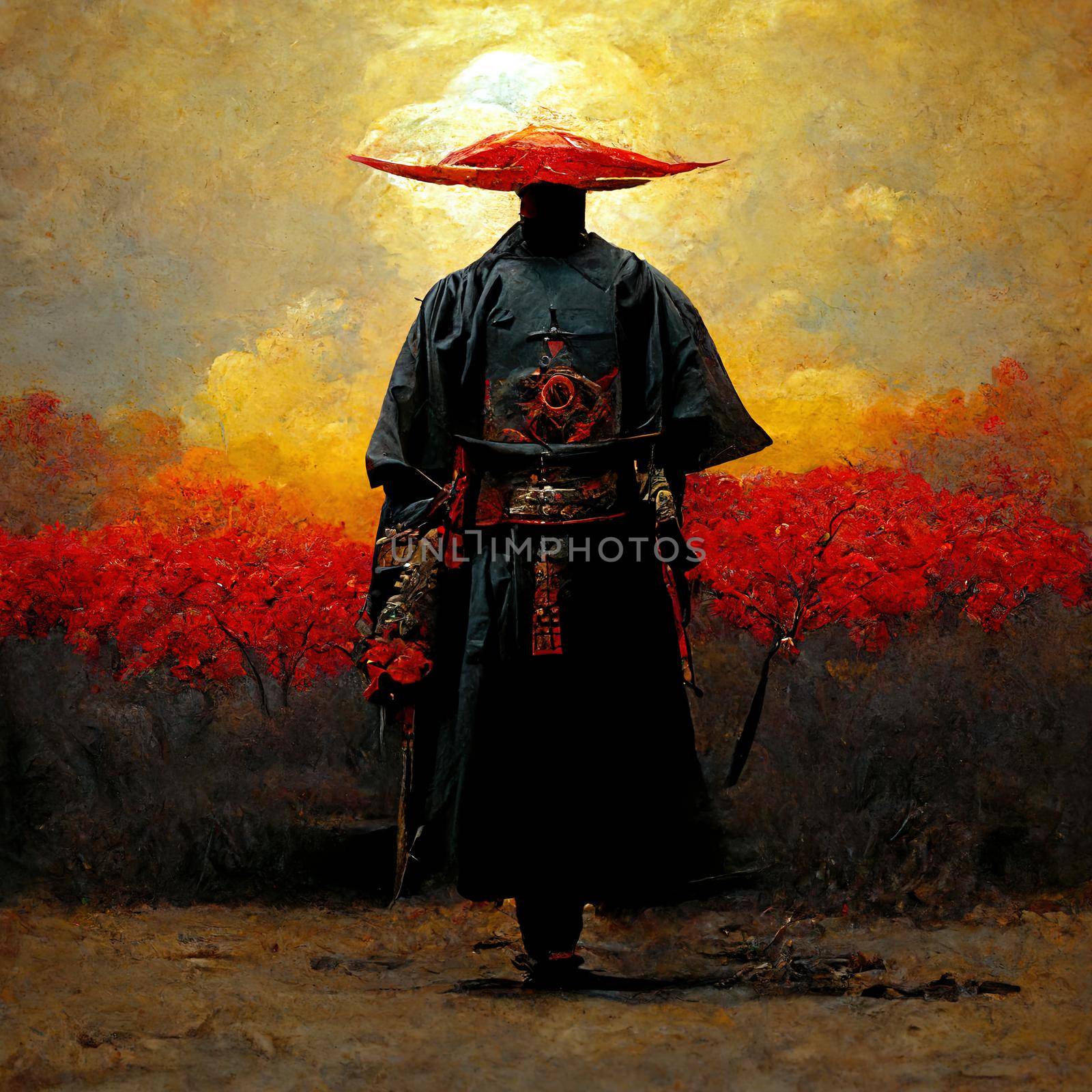 Japanese samurai standing in front of red sun, ultra realistic, painting by 2ragon