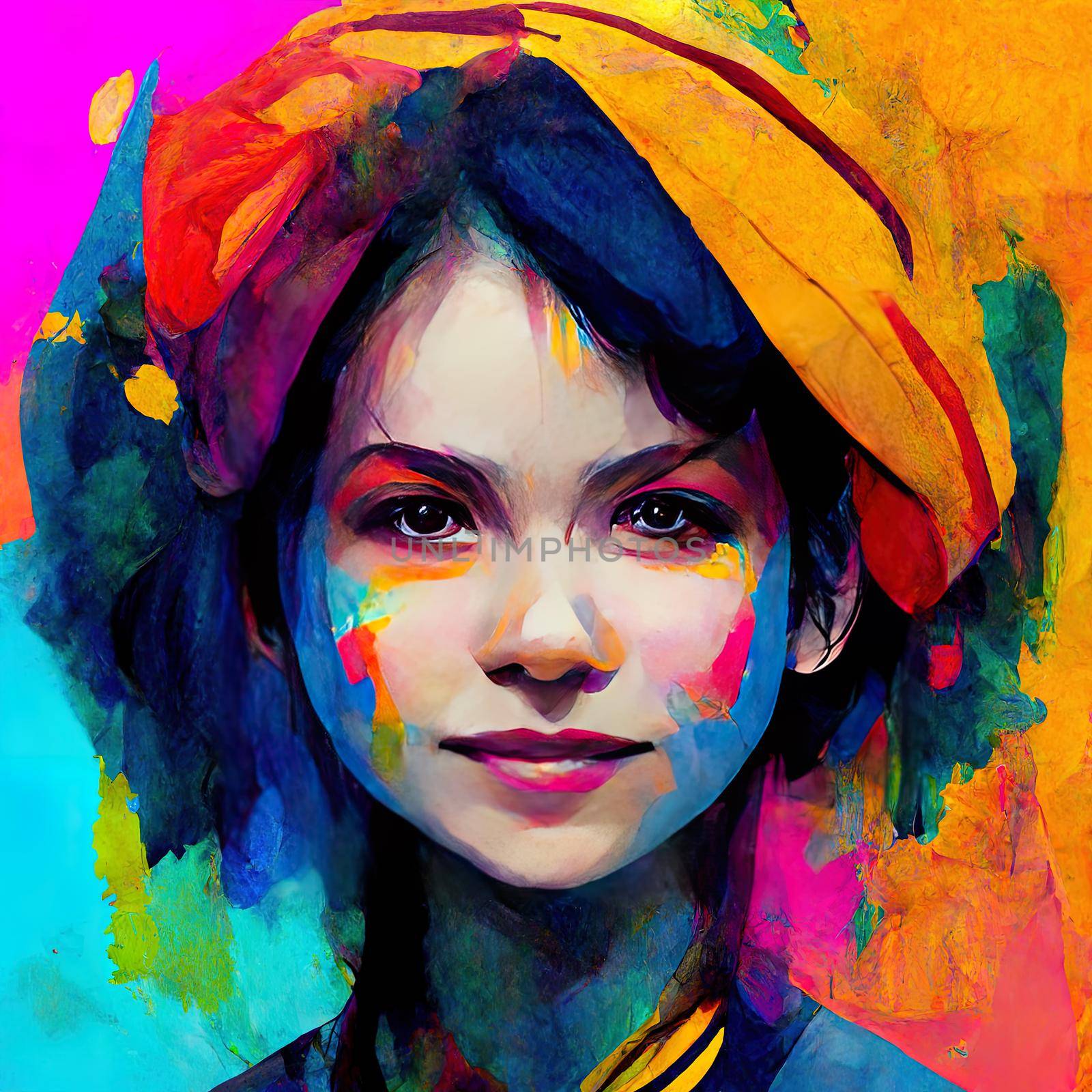 Colorful Painting Girl Portrait with abstract colors. High quality 3d illustration