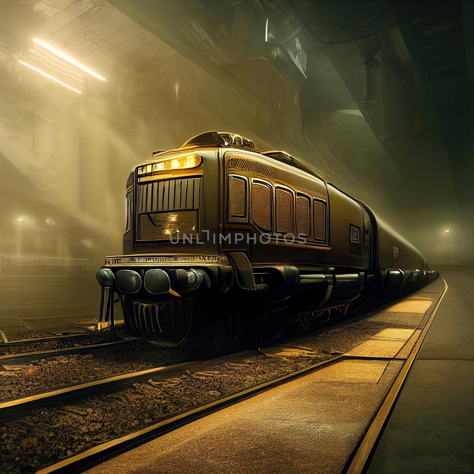 Beautiful Black Futuristic Locomotive with golden details, Modern Minimalistic, epic atmosphere