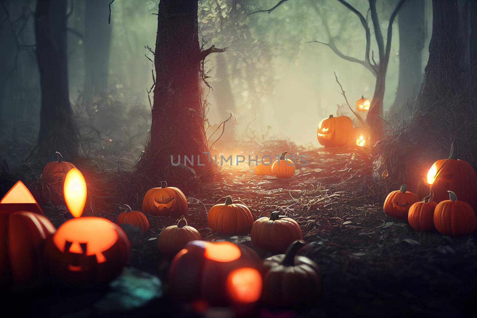 Scary Halloween pumpkins in fairy forest by 2ragon