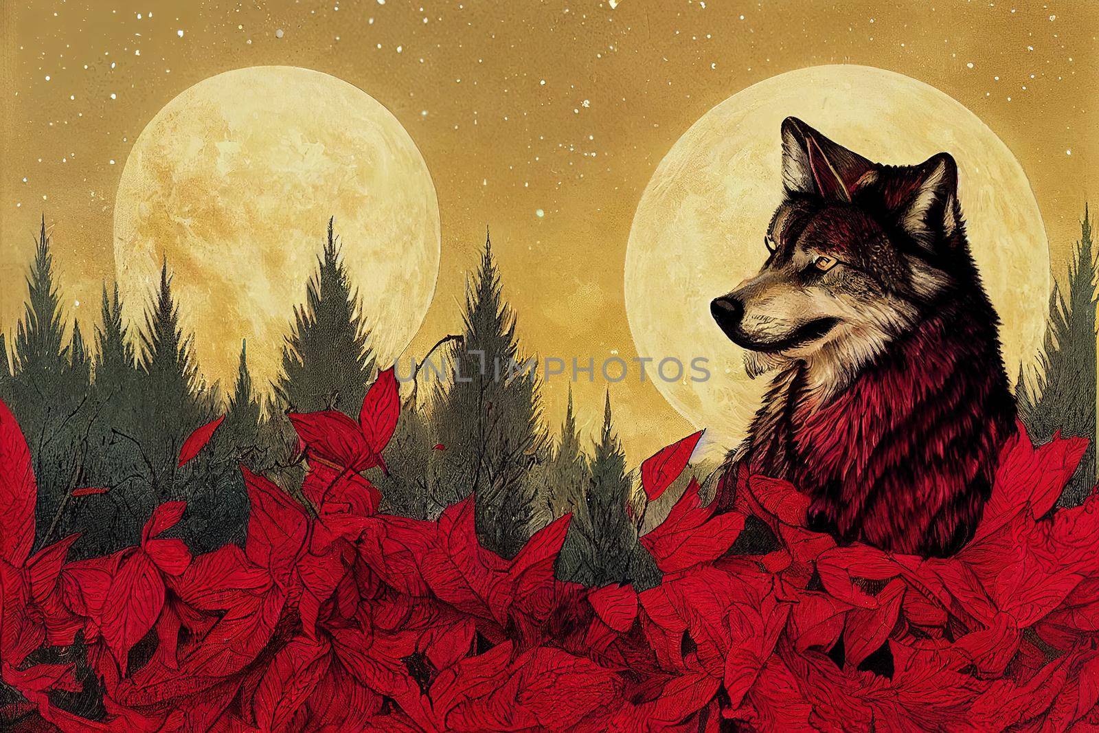 a wolf, as a tarot card, colors red and gold. High quality 2d illustration