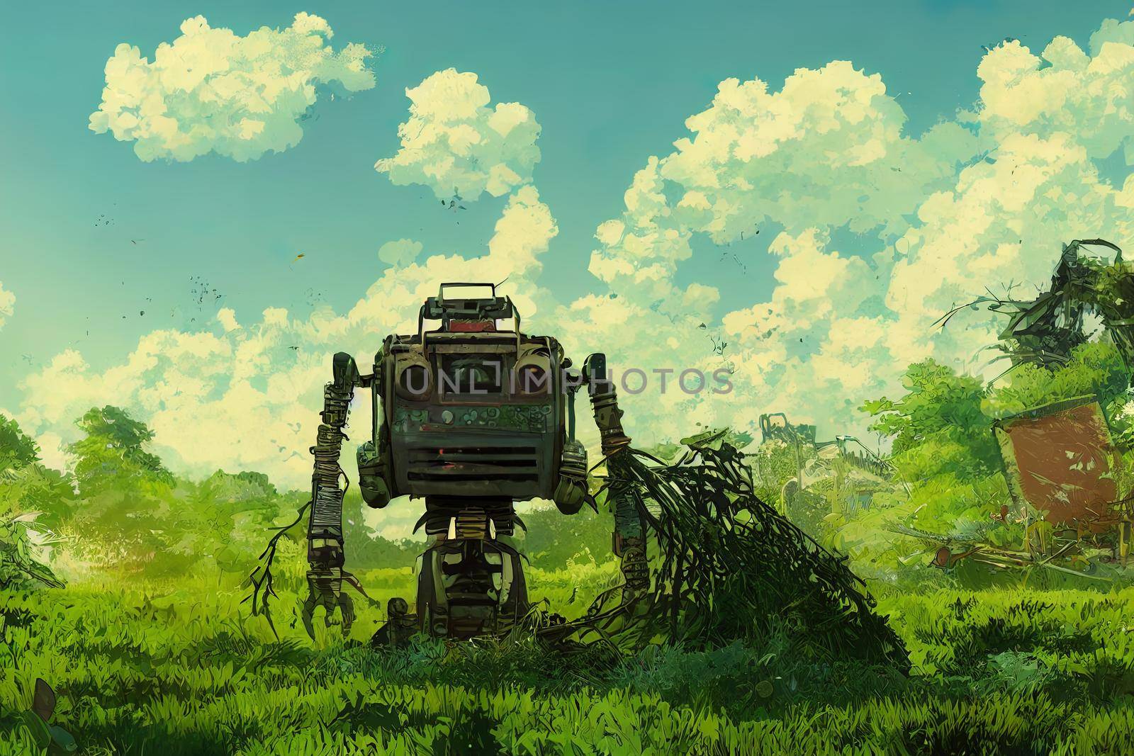 Animation style, run down huge old robot abandoned and overgrown with foliage sitting in a wheat field