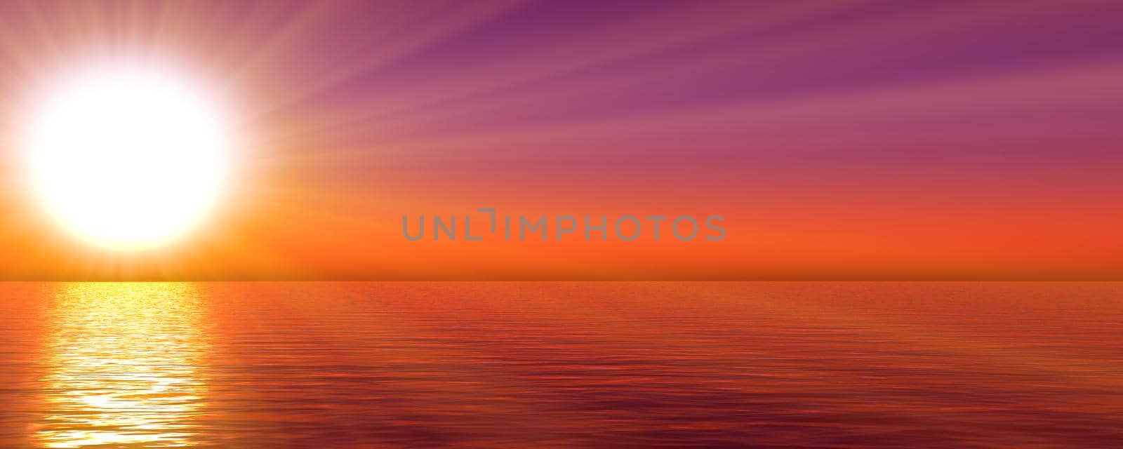 sunset sea sun ray clear sky. 3d rendering by alex_nako