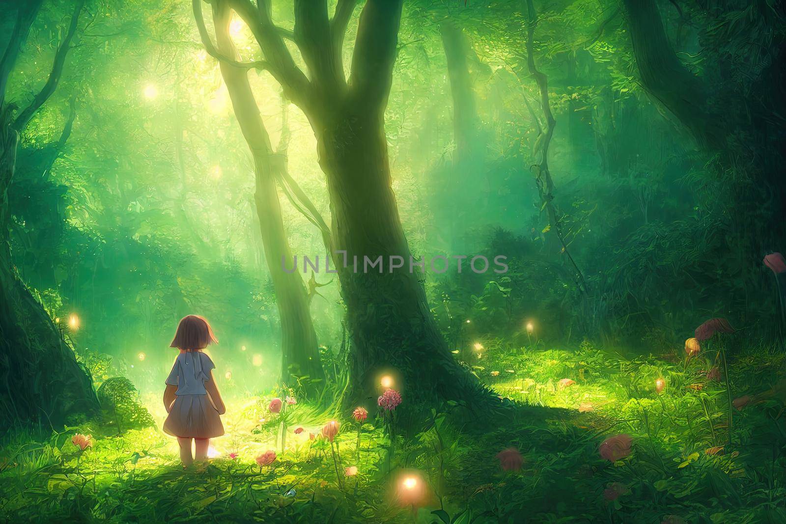 Young girl in a fantastic forest. High quality illustration