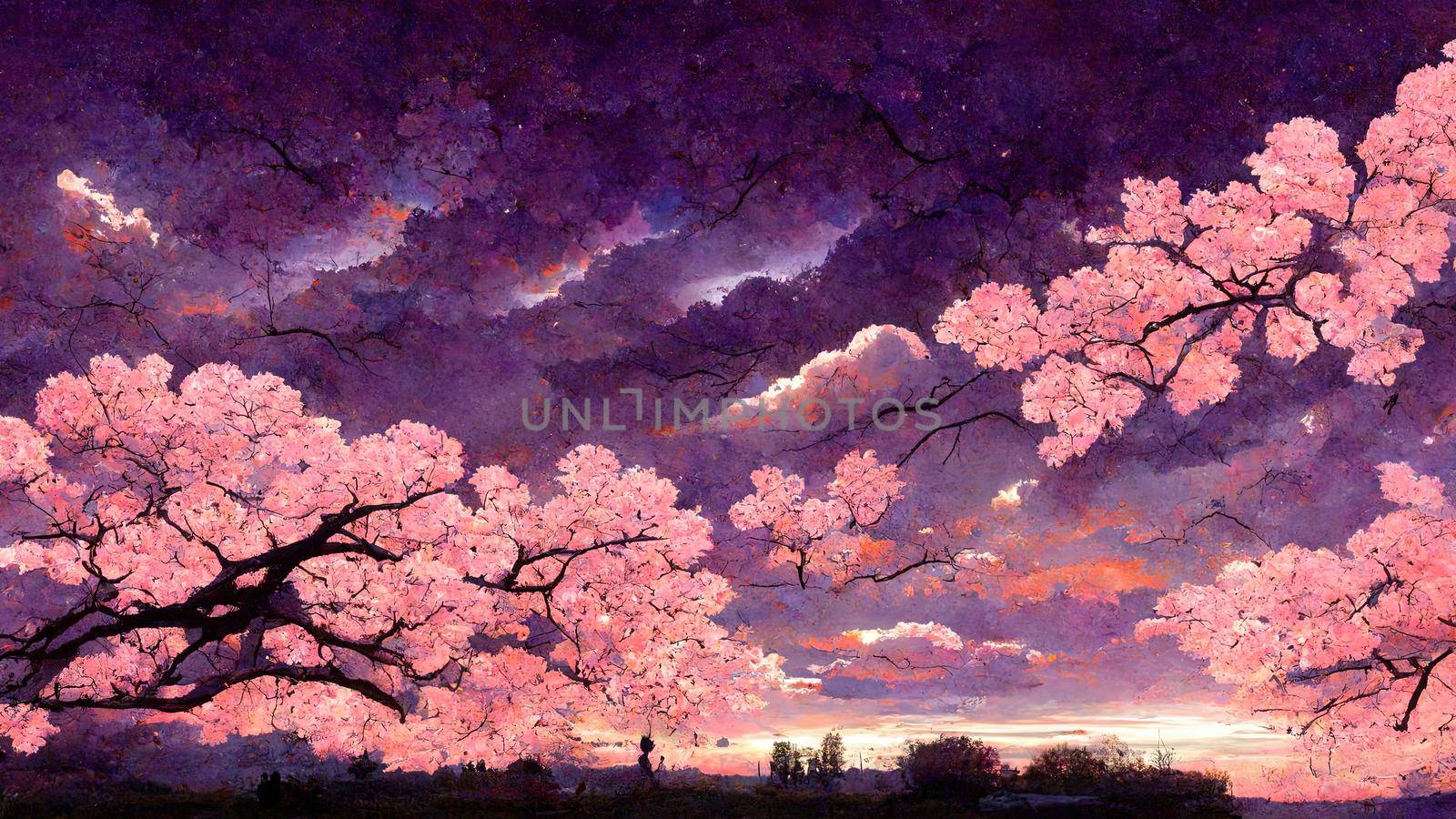 anime picture of cherry blossom against purple by 2ragon