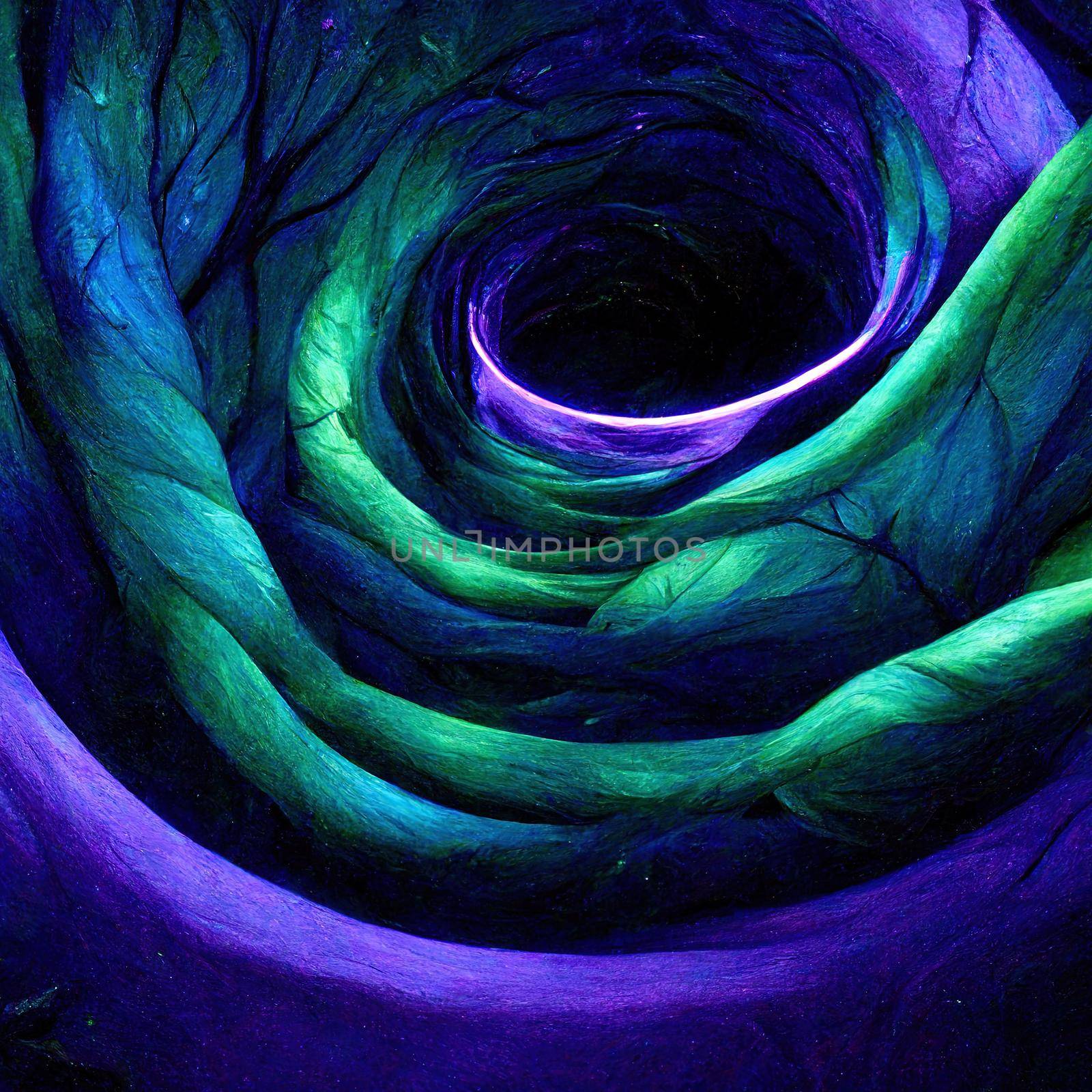 Blue, Purple and Green Colored Swirls form Abstract Neon Lights Tunnel. High quality 3d illustration