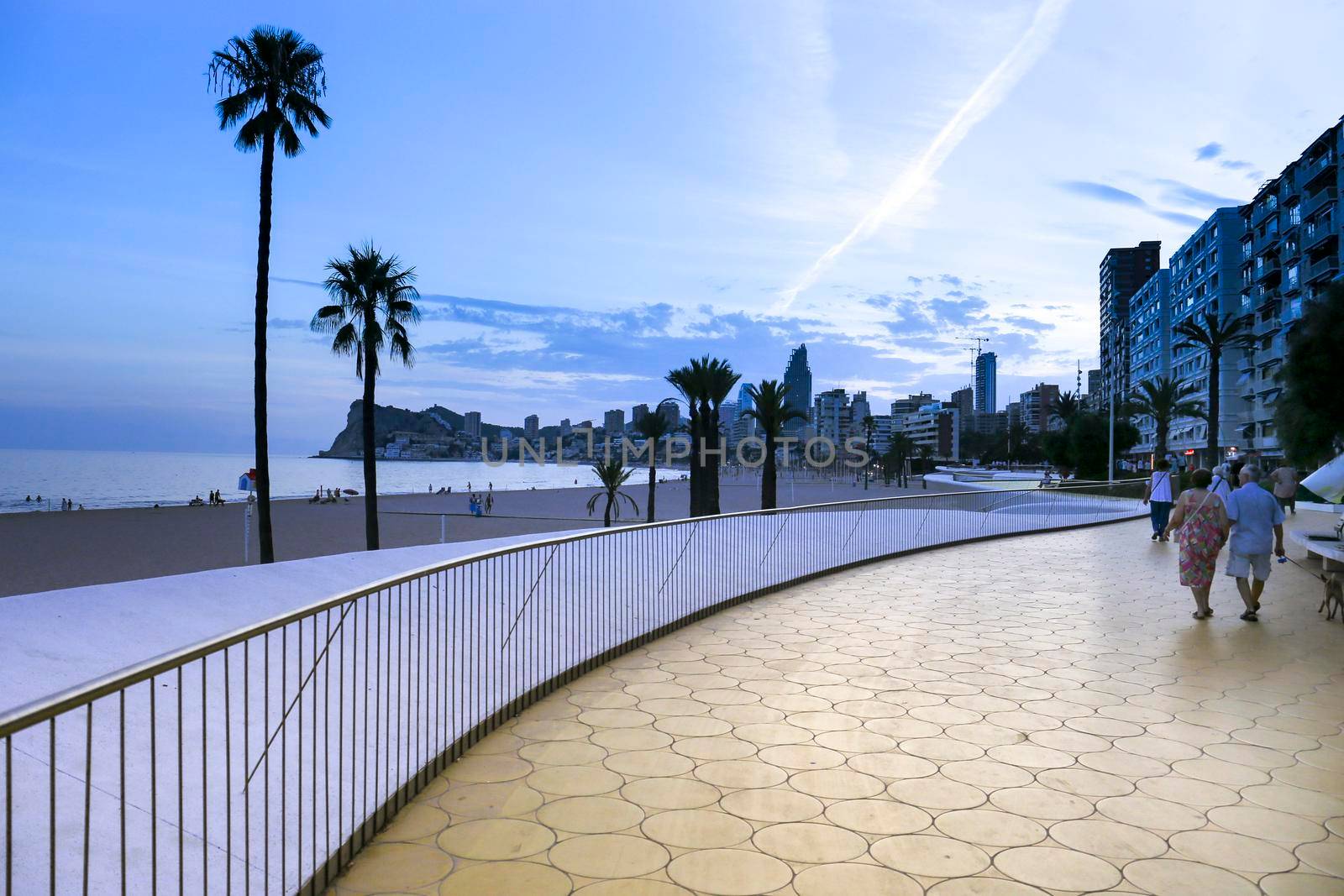 Benidorm, Alicante, Spain- September 11, 2022: Poniente beach with its beautiful promenade with access to the beach and viewpoint with modern design