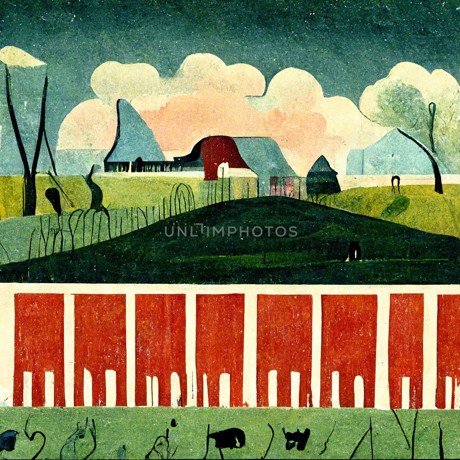 cartoon landscape of farm. High quality illustration