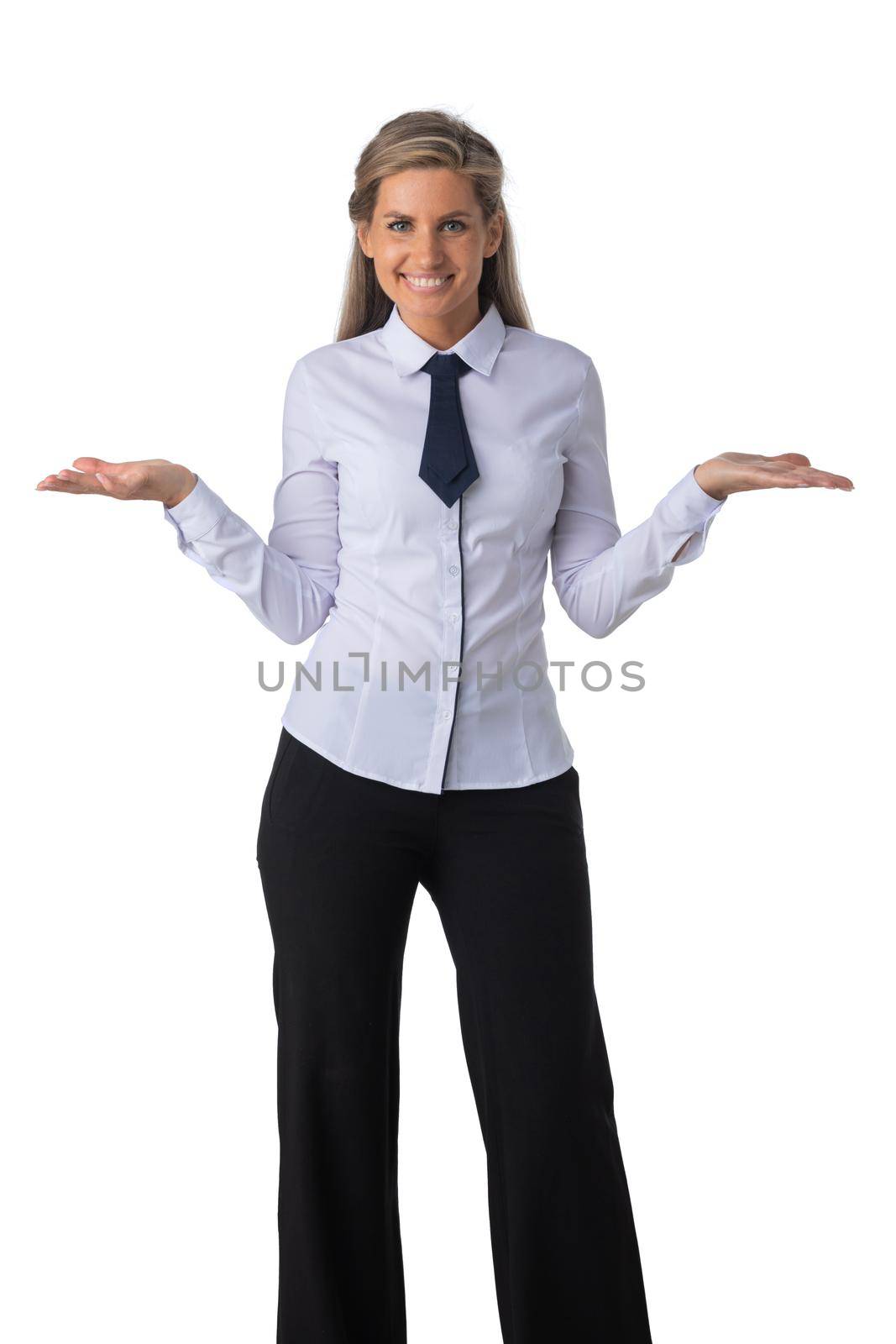 Business woman holding hands out by ALotOfPeople