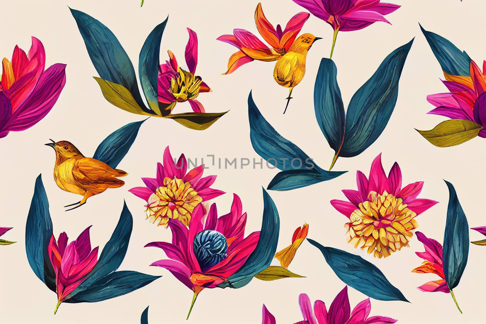 Collage style pattern design. Hand-sketched bird on dahlia flower by 2ragon