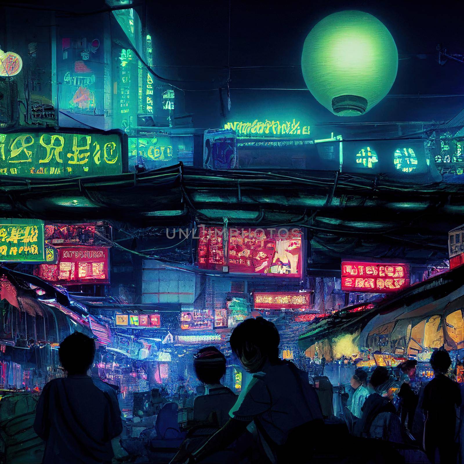 Night market in cyberpunk city, glowing neon lights. High quality illustration