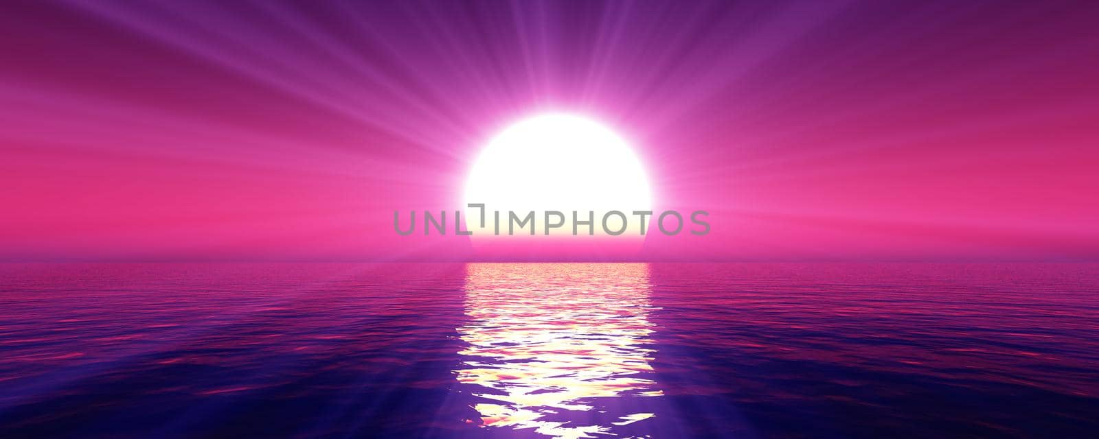 sunset sea sun ray clear sky, 3d rendering illustration