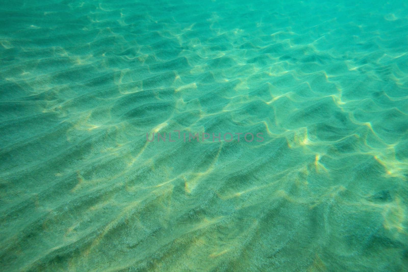 Ocean floor underwater photo, sand "dunes" lit by sunlight. Abstract marine background.