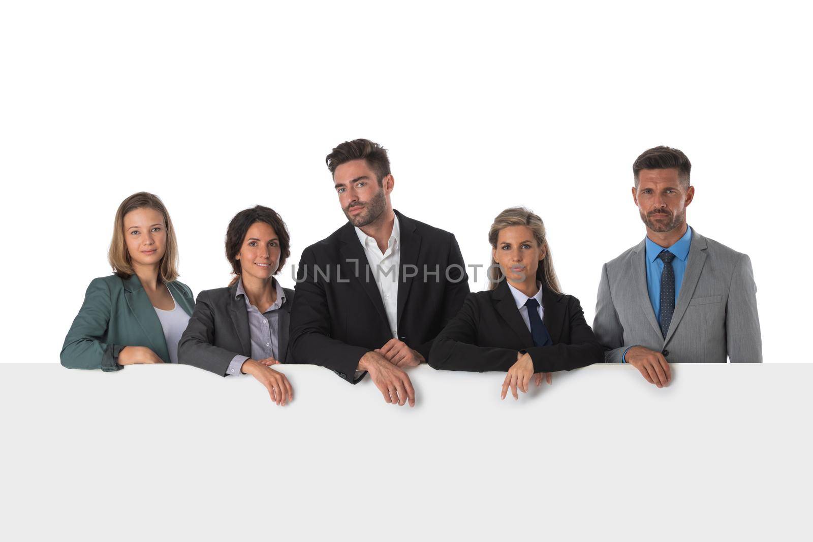 Business people presenting empty banner by ALotOfPeople