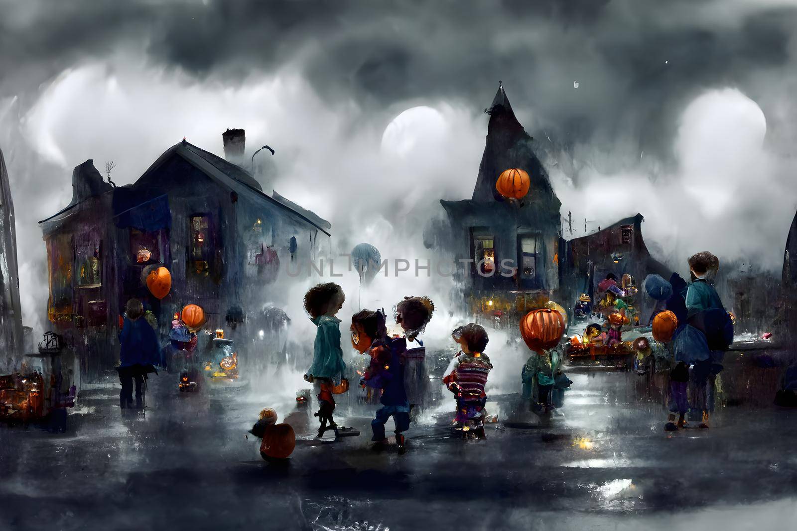 kids playing on night halloween street, american neighborhood background, neural network generated art. Digitally generated image. Not based on any actual scene or pattern.