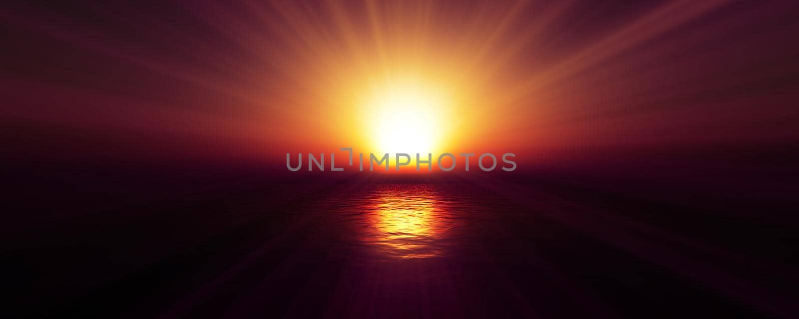 sunset sea sun ray clear sky. 3d rendering by alex_nako